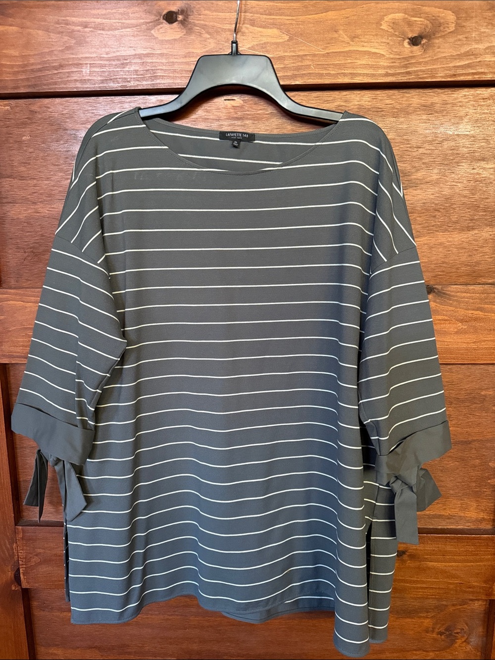 Lafayette 148 New York Gray Striped Tie-Sleeve Tunic Top